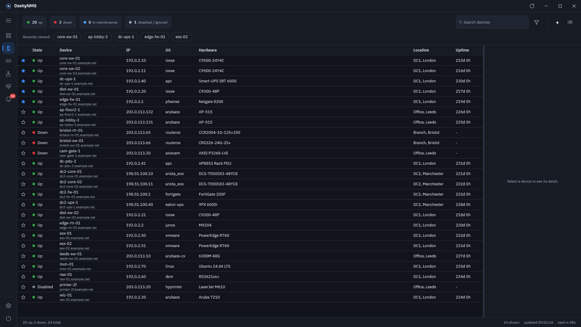 Devices: the whole network in one list, with pinned devices at the top